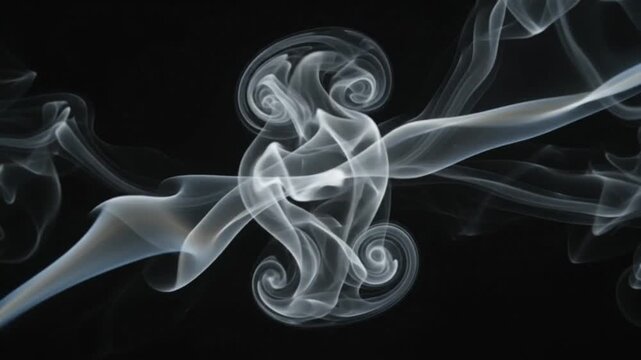 abstract white smoke streams colliding forming symmetrical spiral swirls black background slow motion