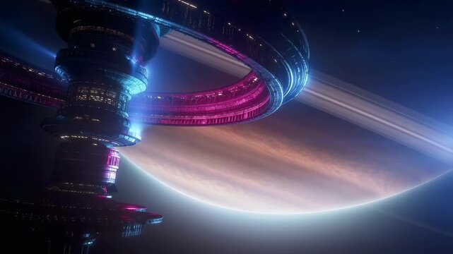 Cinematic sci-fi space station with glowing neon rings orbiting a massive gas giant planet in space.