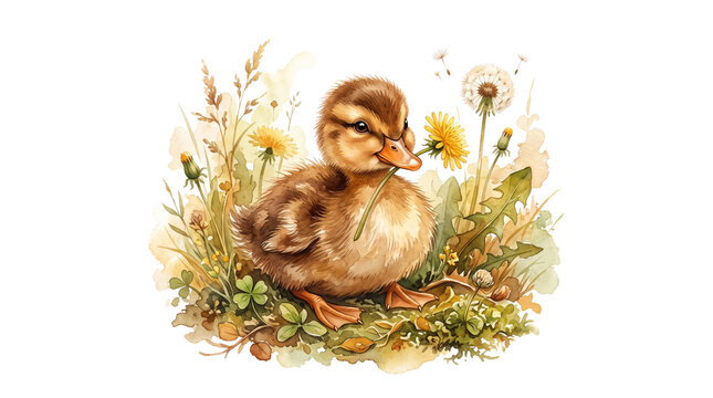 Vintage watercolor duckling in spring meadow, cute baby duck with yellow dandelions, soft hand-painted farm animal illustration isolated PNG with Transparent Background