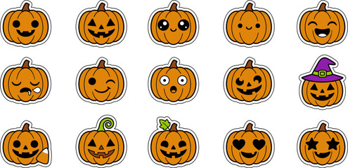 Fototapeta premium Set of cute halloween pumpkin characters with various facial expressions and emotions isolated on white background