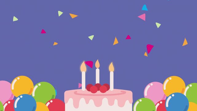 Animated birthday celebration video with pink cake lit candles colorful balloons and falling confetti on purple background.