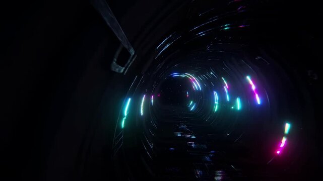 Futuristic Sci-Fi Spaceship Corridor with Glowing Neon Blue and Purple Lights in Dark Deep Space