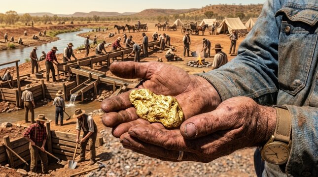 A close-up of a miner's hands holding a gold nugget, the nugget heavy, the hands skilled. The background shows a mine site. The light is bright, the scene is exciting.