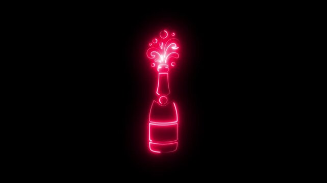 Glowing red neon champagne bottles popping with bubbles isolated on a black background motion graphic