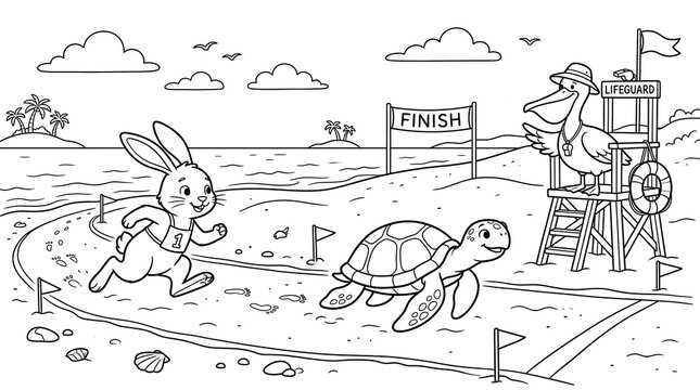 Rabbit and turtle race on beach coloring page for kids with pelican referee at finish line