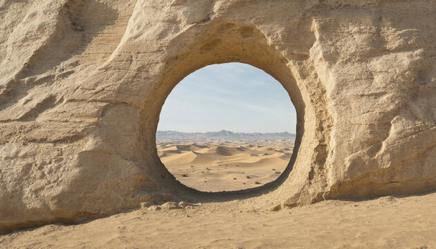A circular hole eroded through a large sandstone rock formation revealing a vast desert landscape with sand dunes under a clear blue sky horizon