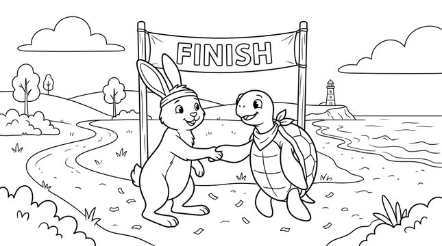 Rabbit and turtle shaking hands at finish line, coloring page for kids with fable theme.