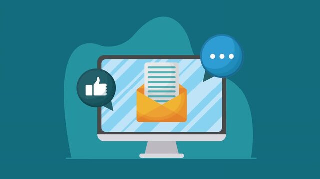 Computer screen displays email with icons for communication and feedback dynamic motion.