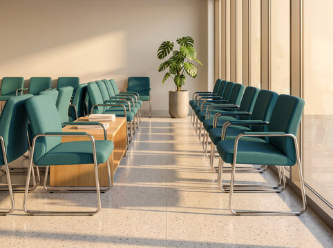 Empty Hospital Waiting Area with Rows of Upholstered Chairs Potted Plant and Large Window Casting Long Afternoon Shadows