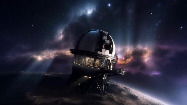 Futuristic space observatory on a desolate planet surface under a glowing nebula and starry sky