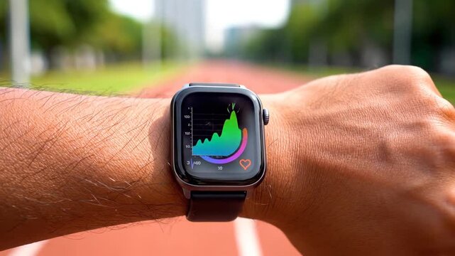 Smartwatch on Runners Wrist Showing Heart Rate Data on Track