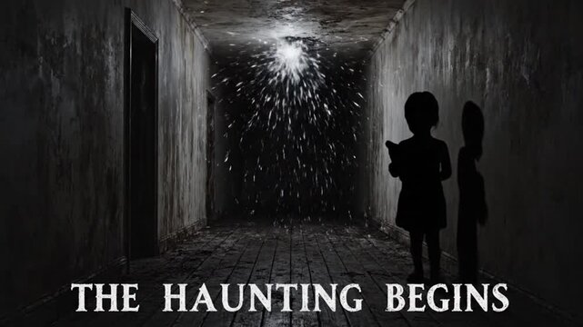 Ghostly child shadow standing inside dark abandoned hallway creating terrifying motion footage effect for professional horror movie production digital animation