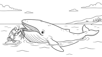 Doctor mouse examining a whale mouth, coloring page for kids with marine animal illustration. © sazid