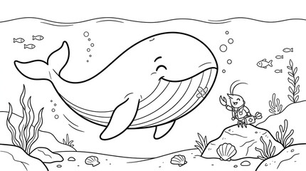 Cute whale and lobster coloring page for kids with underwater ocean background scene © sazid