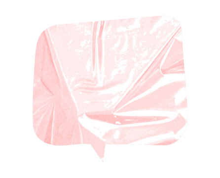 Pink Crumpled Plastic Speech Bubble Chat Icon with Wrinkled Transparent Plastic Texture, Abstract Communication Message Symbol Isolated on Transparent Background