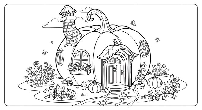 Prompt: Coloring book page line art, an adorable teapot transformed into a fairy cottage, with a small mushroom chimney, tiny balcony, fine black ink outlines, clear boundaries for coloring, isolated 