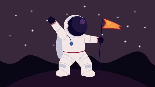 Astronaut standing on moon surface with flag and starry space background in flat cartoon animation style.