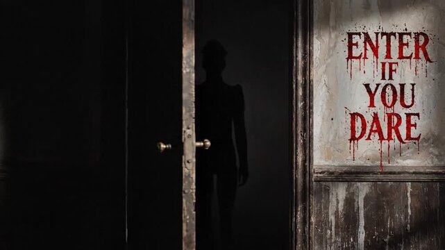 Old wooden door opening to reveal a dark mysterious silhouette in this creepy horror motion animation for spooky media projects