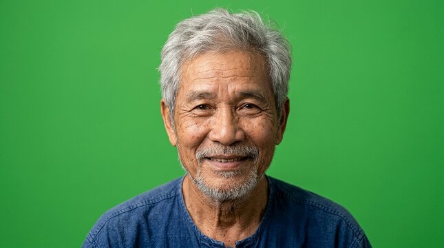 Portrait of Smiling Senior Asian Man with Grey Hair and Beard Isolated on Chroma Key Green Screen