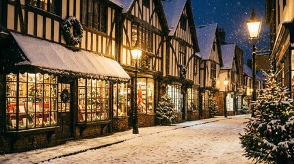 Fototapeta premium Tudor style bookshop and traditional stores on snowy street with christmas decorations