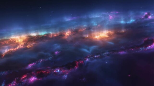 Cinematic deep space nebula with glowing cosmic gas and bright stars background