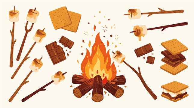 Cozy Campfire Smores Set with Roasting Marshmallows Chocolate and Graham Crackers Vector Illustration