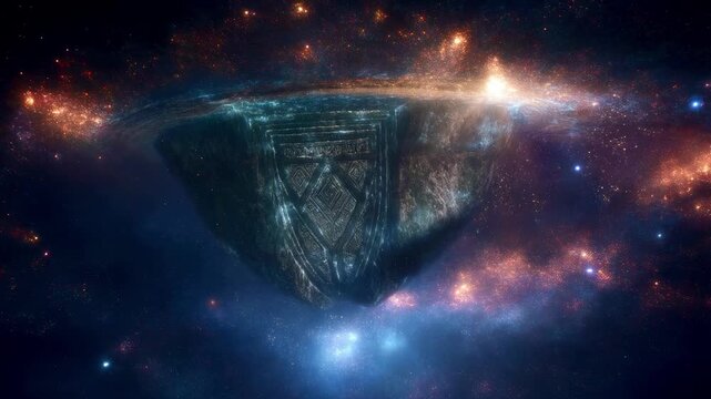 Mysterious dark alien monolith drifting through a glowing colorful galaxy nebula in deep space