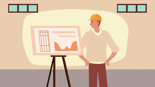 Professional male engineer character in construction site with plano building animation, showing project details on a board for development planning.