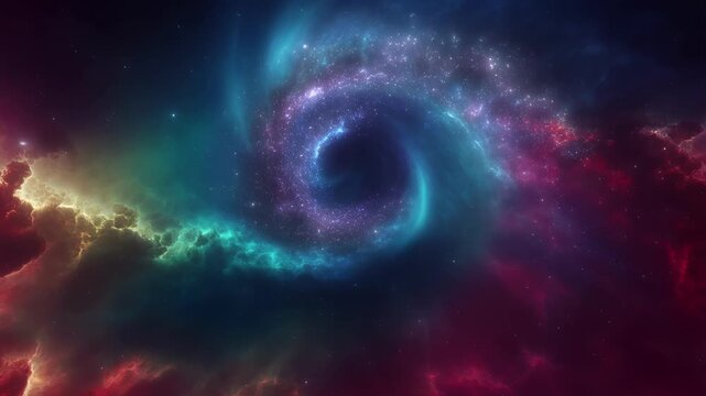 Cinematic cosmic spiral galaxy with vibrant nebula clouds and glowing stars in deep space background