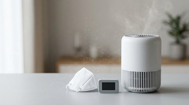 Air purifier and mask with sensor displaying air quality and fine particles floating indoors