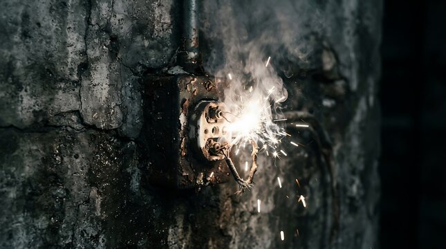 Close-up of concrete wall with explosive impact damage and debris spray