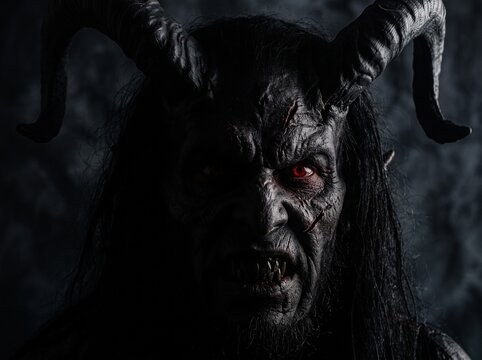 Close up portrait of a terrifying horned demon with glowing red eyes and sharp teeth in the dark