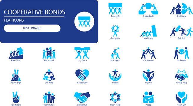 Teamwork synergy icons set. Solid glyph icons of collaboration, handshake, and group effort for business design