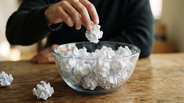 Person crumpling white paper into balls in a bowl on wooden table