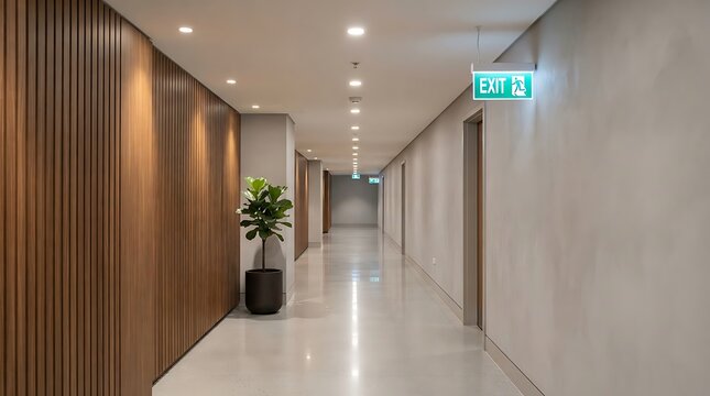 Modern minimalist office hallway with emergency exit sign and sleek wood paneling.