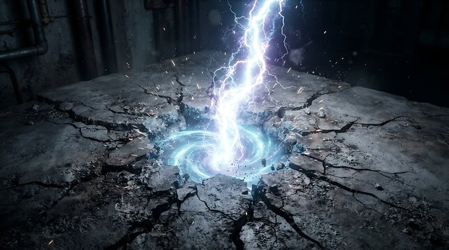 Electric spark explosion on cracked concrete surface with intense blue glow