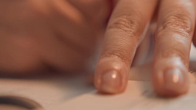 Close up of hands writing on graph paper with pen fingers moving. Hands interact continuously over time indoors. Graph lines are faintly visible beneath hand movements