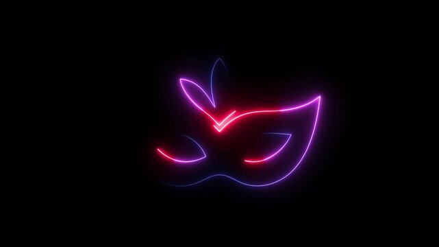 Glowing neon carnival mask animation with vibrant red and blue light trails on black background