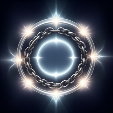 Glowing silver chain link circle surrounded by radiant white light sparks a symbol of legacy connection and the unbreakable bond of a protective magic spell for resilience and harmony.