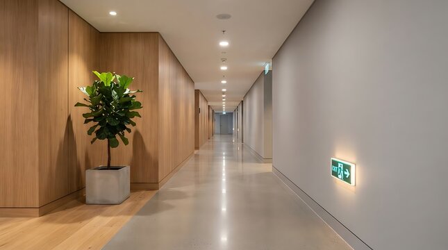 Modern minimalist office hallway with green exit sign and potted plant decor