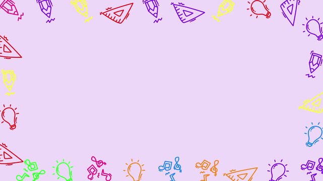 Seamless school supplies Border Frame Pattern Animation with Copy Space featuring hand drawn educational doodles background