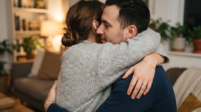 Couple embracing warmly in cozy living room with soft lighting and plants