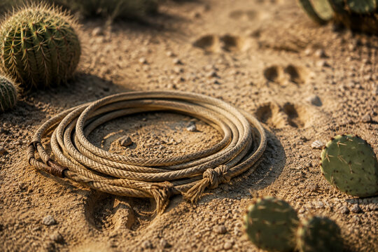 A coiled rawhide lariat on sandy ground with horse hoof prints and cacti nearby.