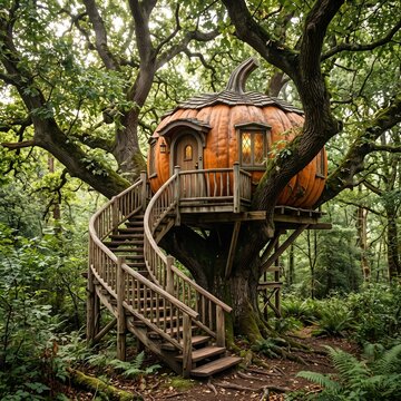 Whimsical pumpkin treehouse with a spiral staircase in a magical enchanted forest