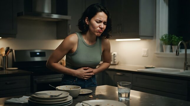 Professional woman resting hands on modern kitchen counter with dishes and appliances.