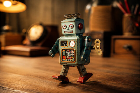 An antique wind-up toy taking slow steps across a wooden desktop.