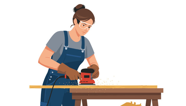 Professional female carpenter sanding a wooden board with an electric orbital sander in her workshop.