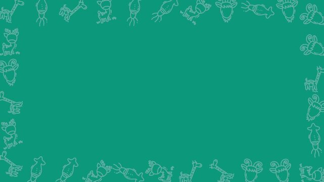 Green Seamless Border Frame Pattern Animation with Copy Space featuring Cute Safari Animal Doodles
