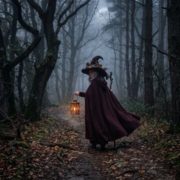 Mysterious witch in a burgundy cloak and pointy hat walking with a glowing lantern on a path through a dark foggy forest