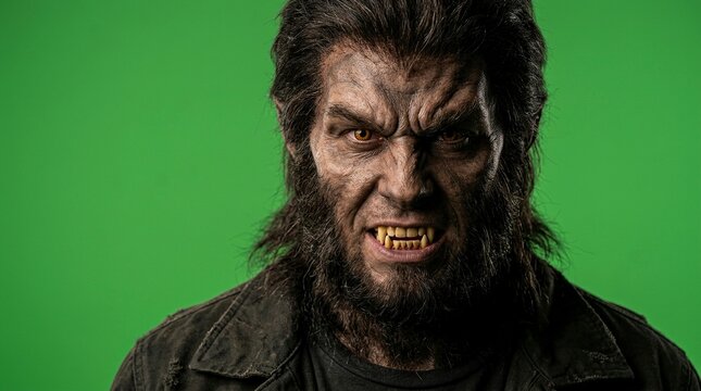Menacing Werewolf Creature with Sharp Fangs and Yellow Eyes Snarling on a Green Screen Background